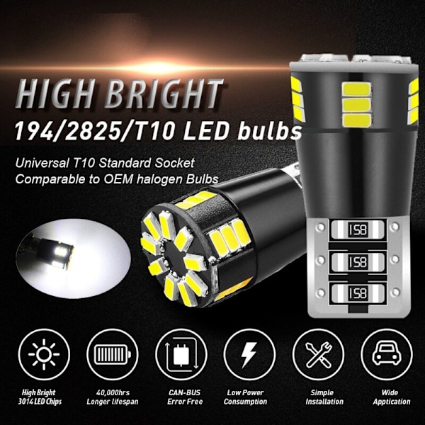 2X T10 501194 W5W 24SMD LED Bil HID CANBUS Felkodfria Kilformade Glödlampor Positionsljus 6000K Vita