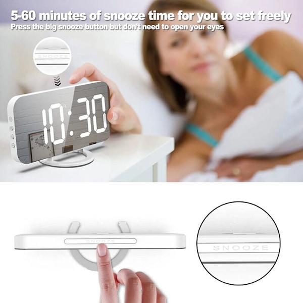 Digital väckarklocka, LED-väckarklocka med snooze-funktion, spegelväckarklocka med 2 USB-laddningsportar, justerbar ljusstyrka, 12/24H för sovrummet