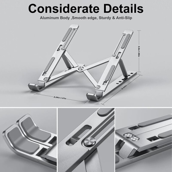 Bærbar computer stand, foldbar bærbar computer stand til at hæve 6 justerbare vinkler, skridsikker ventileret aluminiumsstand kompatibel med bærbar computer, tablet - Longziming sølv