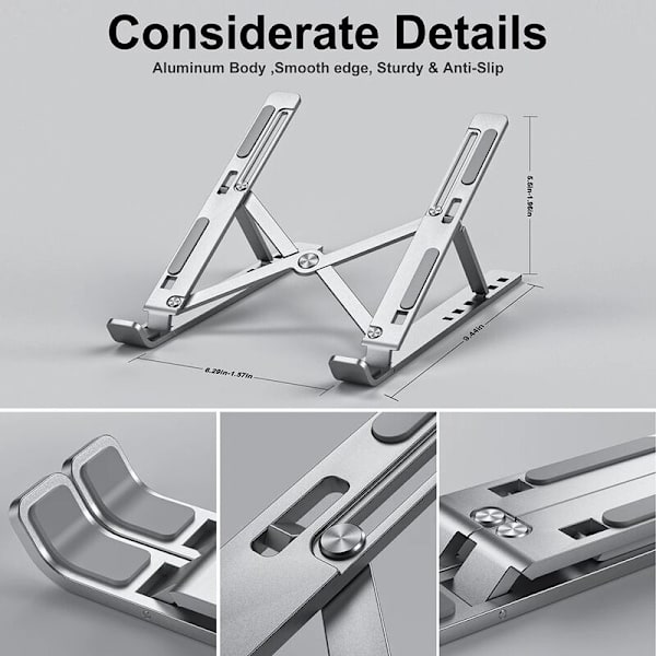 Laptopstativ, hopfällbart laptopstativ för att höja 6 justerbara vinklar, halkfritt ventilerat aluminiumstativ kompatibelt med bärbar dator, surfplatta – Longziming Silver