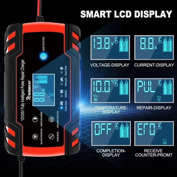 8A Bilbatterioplader 12V/24V Bilbatterioplader Fuldautomatisk Intelligent Vedligeholdelsesoplader med LCD-display Flere Beskyttelser til Bilbatteri