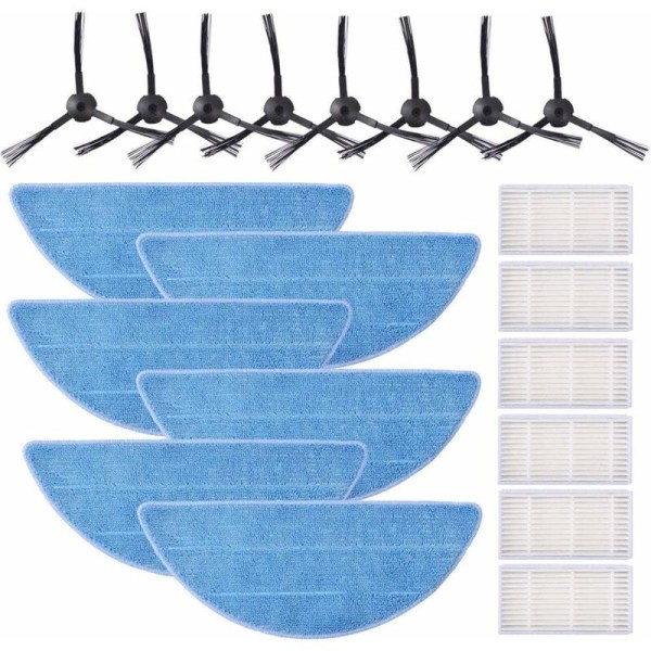 HEPA-filterkit til ZACO v5s pro, ZACO V5x, ILIFE V5s V5 V3s V3 Pro, sidebørster og klud（6 filtre, 6 klude og 8 sidebørster）