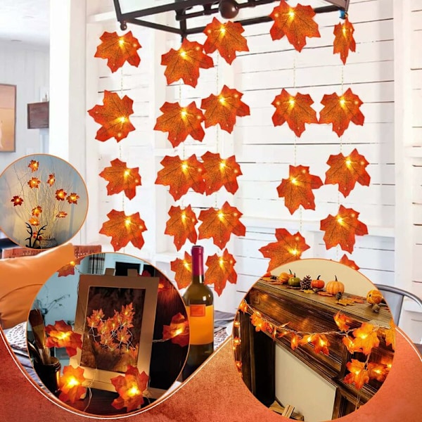 3M Lønnetre-lyslenke, 20 LED Lønnetre-lyslenke - Lønnetreblader - for Utendørs, Hjem, Jul, Thanksgiving, Dekorasjon