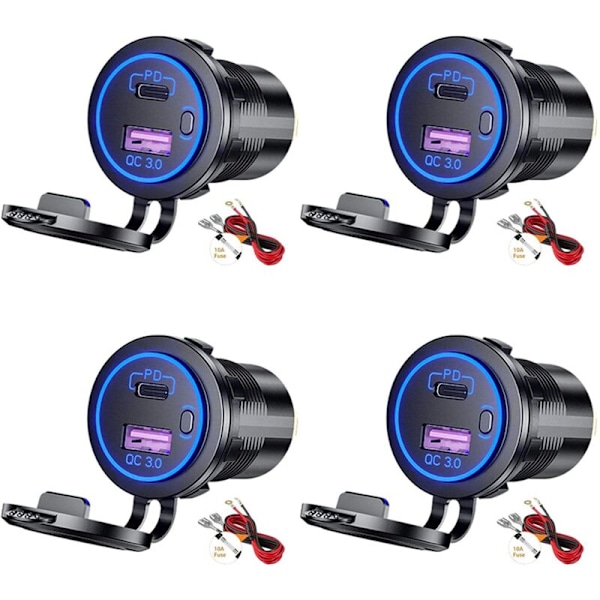 4X USB PD Type C & QC 3.0 Billaddare 12V Uttag med På/Av-knapp
