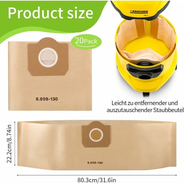 Støvsugerposer, 20-pak rette støvsugerposer, papirfilterposer, til Karcher 6.959-130.0 WD3/WD3P/MV3/A2204/A2204/A2534/SE 4001/SE 4002
