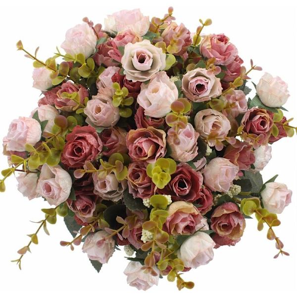 Kunstig Buket med Kunstige Roser, 7 Stilke, 21 Blomster, Silkeblomster, Ideel til Dekoration 2 Stykker Kaffe Rose