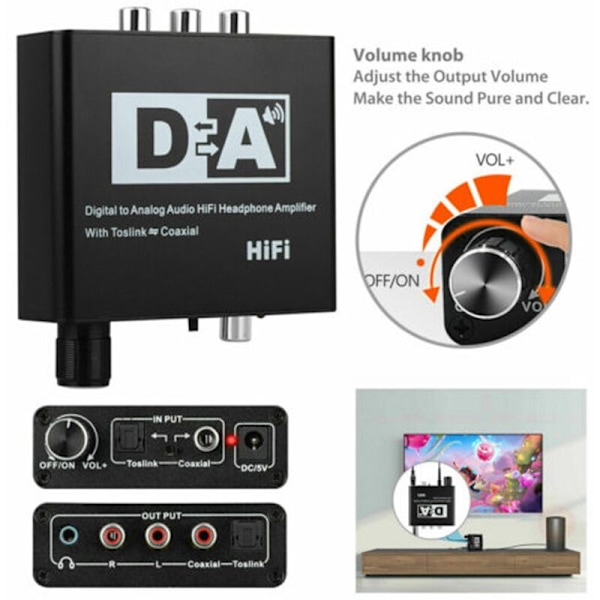 Digital til Analog Lydkonverter Fiberoptisk for Koaksialt Signal til RCA R/L SPDIF Lyddekoder ATV DAC Forsterker