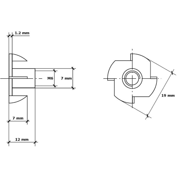 T-mutter med klør, 4-punkts mutter med klørforbindelse M6 x 12 mm, 50 stk.