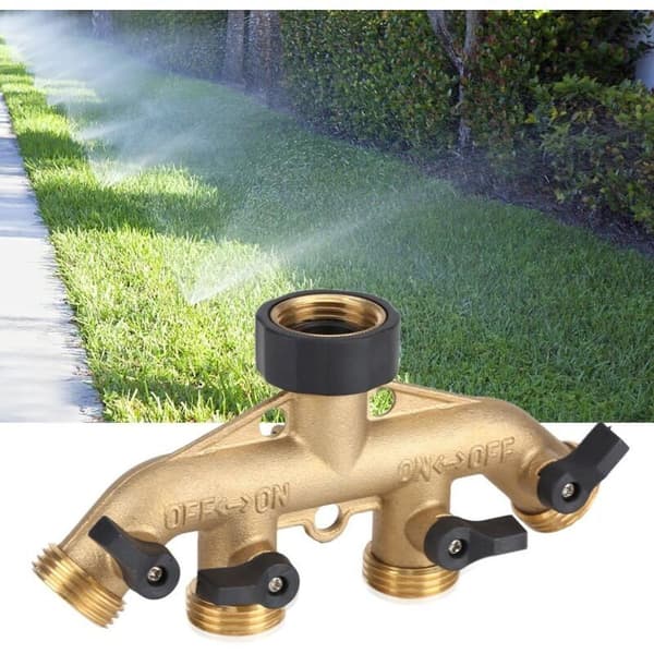 3/4 Trådgårdsslangeforbindelse Heavy Duty Messing 4-vejs Gåsehals Splitter Adapter Vandslange Lukkeventil Forbindelse til Plænehave