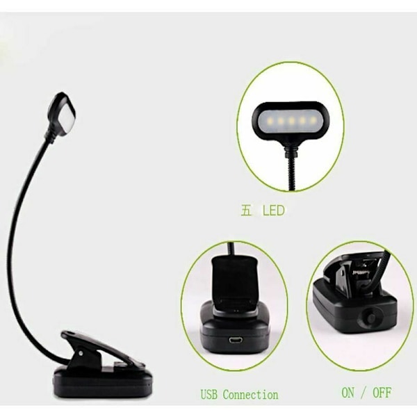 Latautuva lukulamppu, 5 LED-lukulamppu 360° joustava kaulan kirjan lukemiseen sängyssä, kiinnikkeellinen lamppu Kindlelle/kannettava kiinnikkeellinen lamppu e-lukulaitteille/yölle/matkalle