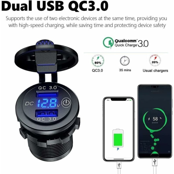 Motorcykel Dobbelt USB Biloplader/QC3.0 Vandtæt, 12V/24V/36W USB Oplader Stik, med LED Digital Voltmeter og Afbryder, til Biler, ATV, Bus(Blå)