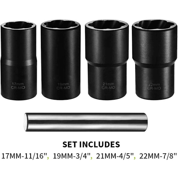 5 osan ruuvinpoistajasarja vaurioituneiden, pyöristettyjen ja ruostuneiden pulttien poistamiseen 17 mm, 19 mm, 21 mm ja 22 mm