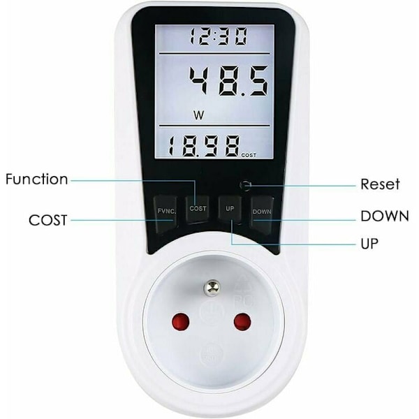 Skocketwattmätare med LCD-display - Noggrann mätning av AC 230V Energiförbrukning - Fransk kontakt