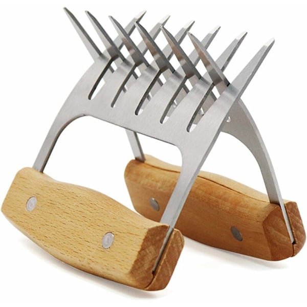 Kjøttklør i rustfritt stål, bjørneklo-design, for trekk kjøtt, BBQ, med trehåndtak, lett å rengjøre, 2 stk - Fei Yu