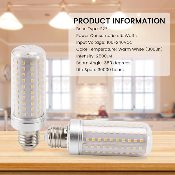 LED-lamput, 3 kpl 3000K lämpimän valkoista hehkulamppua, 15 W LED-maissivalaisin kodin valaistukseen