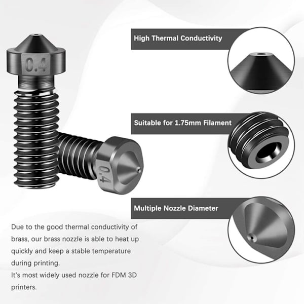 5 stk 3D-printer Serie, Højtemperaturbestandig M6 Gevind Hærdet Stål Dysespids, X1 (0,4 mm)