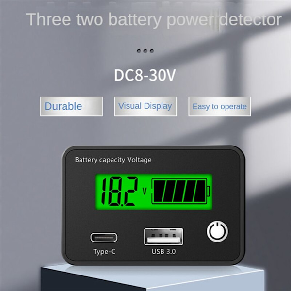 DC8-30V Batterikapacitetsindikator Blysyra Litiumbatterier Testare Nivå USB 3.0 Digital Voltmeter Voltmeter Grön