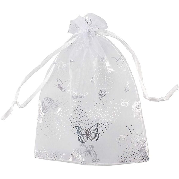 100 stk. Serie 9x12 cm Butterfly Organza Slikpose Snørepose Bryllup Gave Hvid