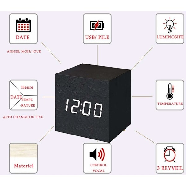 Bärbar LED Digital Väckarklocka, Tyst Mini Klocka med Röstaktiverad Enkel Minimalistisk Träklocka Temperaturkalender för Hem Kontor Resor (