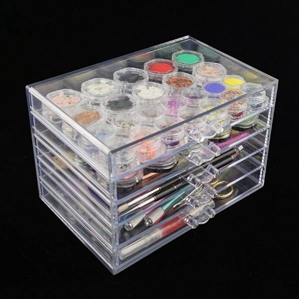 Transparent med fem lag negle manicure bærbar opbevaringsboks justerbar beholder akryl arrangør negleværktøjer