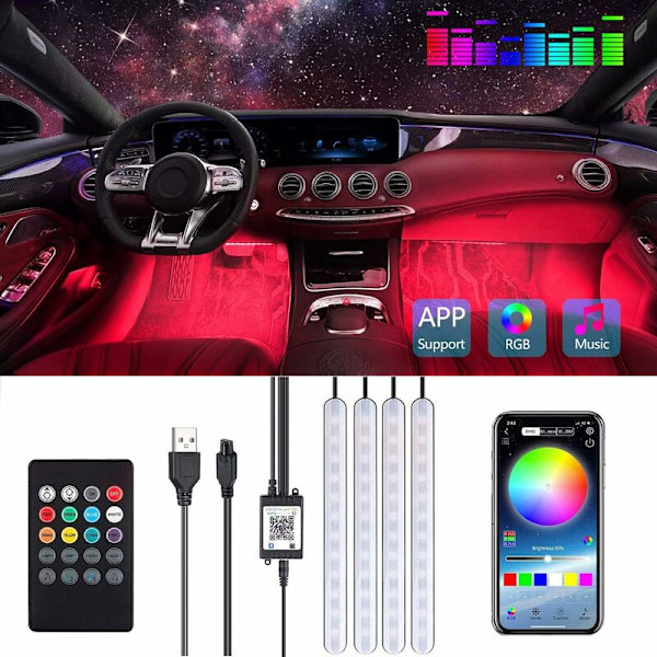 Auton LED-sisävalot 48 RGB-LED:tä Auton tarvikkeet Sisänauhat 4 kpl 6,2 m Bluetooth-sovelluksella LED-tunnelmavalaistus Autonauha USB-portti ja LED