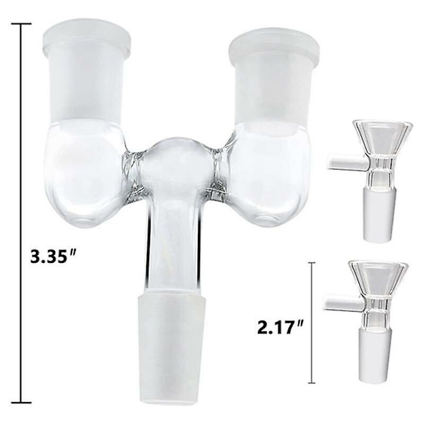 Glasrørsadapter, 2 stk. 14 mm han til dobbelt 14 mm hun med 4 stk. 14 mm transparent glas