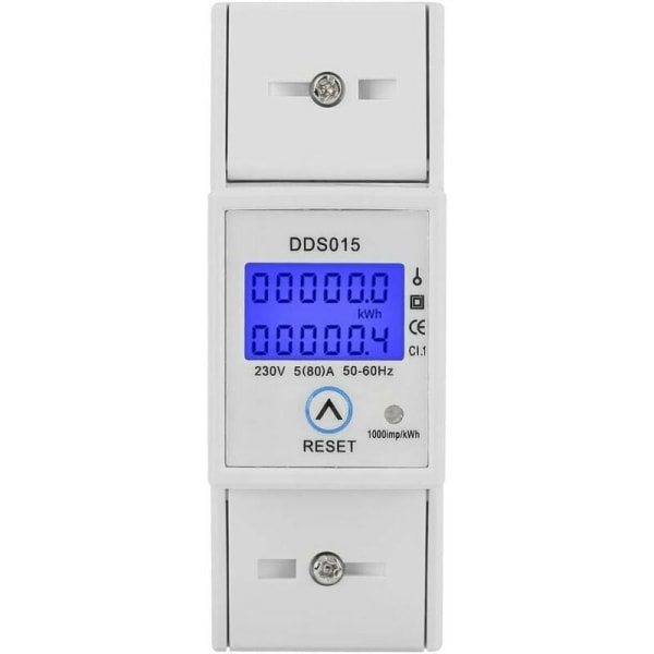 Enfasig Energimåler 5-80A 230V 50Hz LCD Baggrundsbelysning Enfasig Energimåler, DIN-skinnemontering KWh-måler DDS015, Watt KWh-måler(230V 5-80A 50Hz)