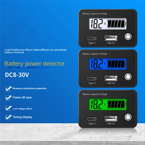 DC8-30V Batterikapacitetsindikator Blysyra Litiumbatterier Testare Nivå USB 3.0 Digital Voltmeter Voltmeter Grön