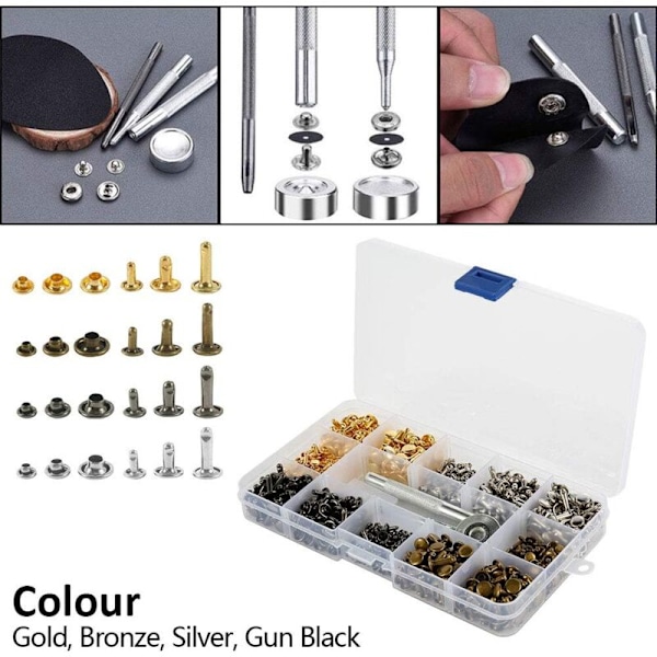 360 Läder Nitar Set Dubbelhatt, 3 Storlekar Metall Rörnitar med Stansklippare och 3 Stycken Fästverktyg för Läderreparation Ersättningsnitar Dec