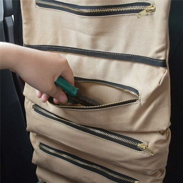 Verktygsväska med 5 blixtlåsfack, Bärbar Canvas Verktygsväska, Verktygsrulle Auto Organizer Verktyg för Elektriker, VVS-montör eller Mekaniker (Khaki)
