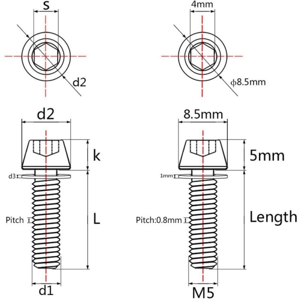 Titaani kuusiokolokantainen pultti aluslevyruuvilla varren osiin 6 kpl (Ranibow, M5x18mm)