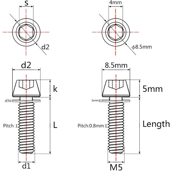 Titanium Hex Konisk Hovedbolt med Skive Skrue til Stamme Dele Pakke med 6 (Ranibow, M5x18Mm)