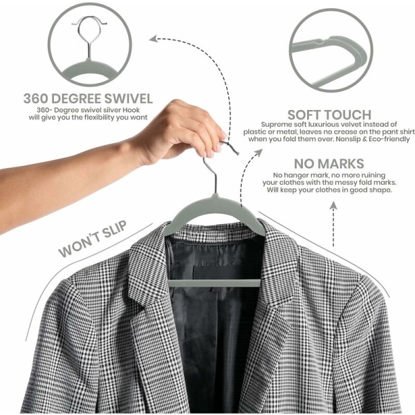 30 Pack Premium Velvet Hangers - Anti-Slip Hangers - Grå Hangers - Dress Hangers med 360 graders roterende krok - Heavy Duty Hangers