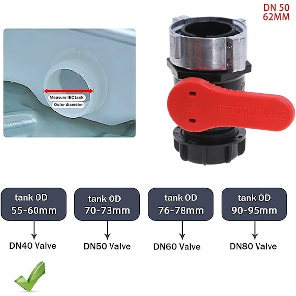 Universal IBC Adapter, Kugleventil til 1000l Tank, IBC Aflukningsventil Adapter, til Regnvandsbeholder, Regnvandsbeholder, IBC Tank (Rød, 62 mm)