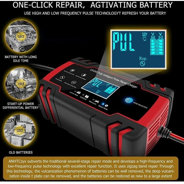 12V/24V 8A Intelligent Batterilader, Batterilader Vedligeholdelse og Automatisk Reparation Bærbar Funktion med LCD-skærm, til Bil Motorcykel Lastbil