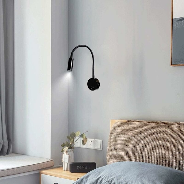 Svart 3W Väggläslampa, Flexibel Justerbar Hals Vägglampa Aluminium Skrivbordslampa, Sänglampa med Strömbrytare LED Ögonskydd
