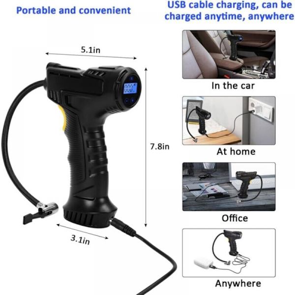 Trådløs dekkpumpe, 120W bil luftkompressor, trådløs dekkpumpe med 3 oppblåsningsdyser og LED-belysning, USB-oppladbar for biler, kjøretøy a