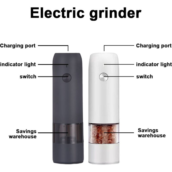 Sähköinen suola- ja pippurimyllysetti - USB-ladattava, LED-valot, automaattinen pippuri- ja suolamyllysetti, täytettävä, valkoinen+musta