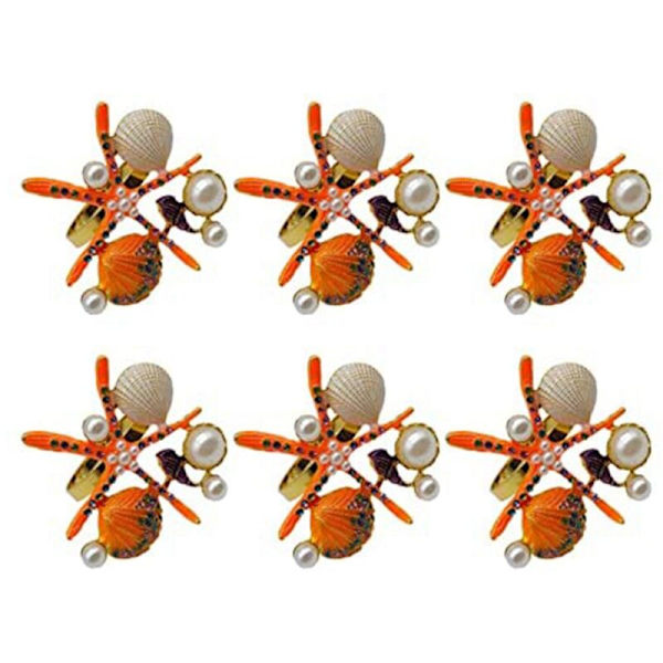 6 stk sett sjøstjerne serviettringer, perle rhinestone nautisk hav serviettringholder for bryllupsfest, borddekor, etc., oransje