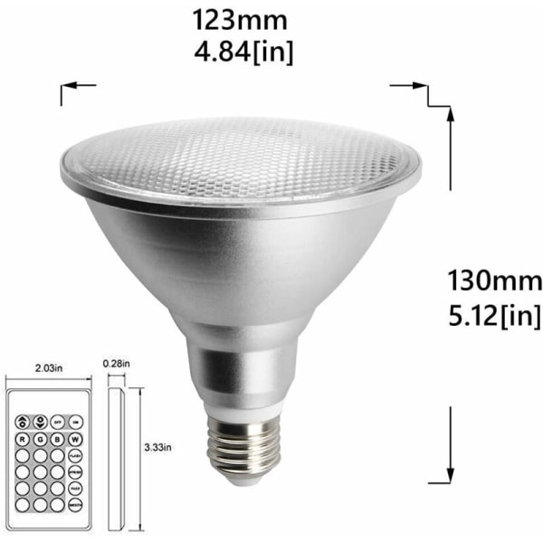 20 W Vattentät RGB E27 Par38 LED-lampa med 24-tangenters IR-fjärrkontroll (RGB och kallvitt) [Energiklass A+]