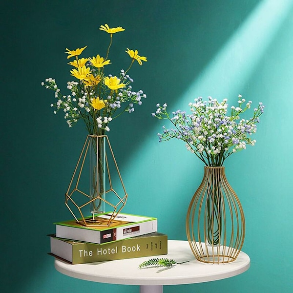 Metalramme Vase, Lanterneformet Glasprøveglas Vase, Blomster Vase til Hydroponisk Plante, Solide Terrarier Lille Bud Vase til Kontor Hjem, Lanterne Bot