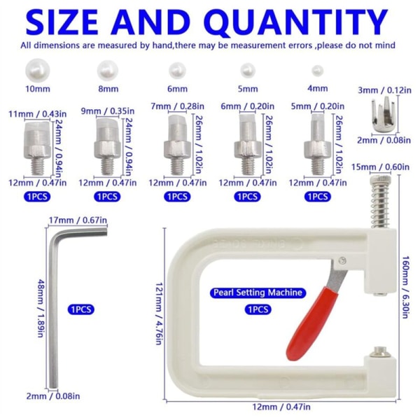 Perleindstillingsmaskine, håndpresningsværktøj med 5 størrelser hvide runde perler, nitter til dekoration af tøj