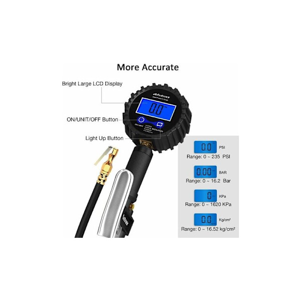 Digitaalinen Rengaspainemittari, Tarkka Digitaalinen Rengaspainemittari Ilmapuhaltimella Autoille, Moottoripyörille ja Polkupyörille, 250 Psi LCD-näyttö, 1/4Npt Uros