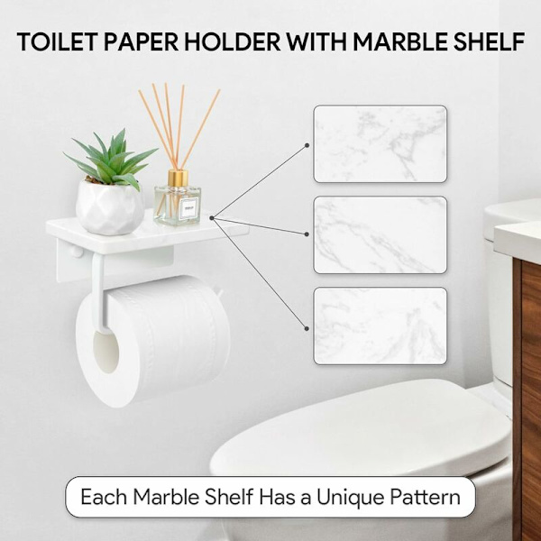 Toiletpapirholder i marmor med hylde, toiletrulleholder, skruevægmontering, toiletpapirholder i rustfrit stål med opbevaring til badeværelse og