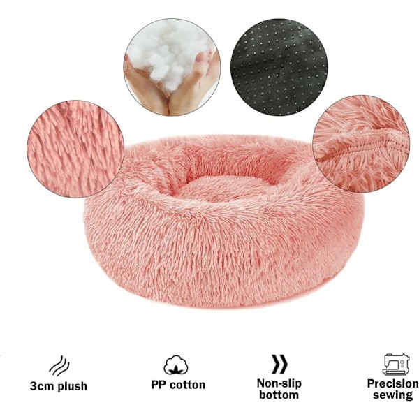 Rund Blød Katte- og Hunde seng - Plys Soothing Anti-Stress Katte- og Hunde pude, Vaskbar Behagelig Donut Seng til Lille Mellemstor Hund Kat (Pink, 60 cm)