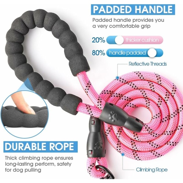 Dog Leash with Comfortable Padded Handle and Highly Reflective Wires for Small, Medium and Large Dogs (6ft, Pink)