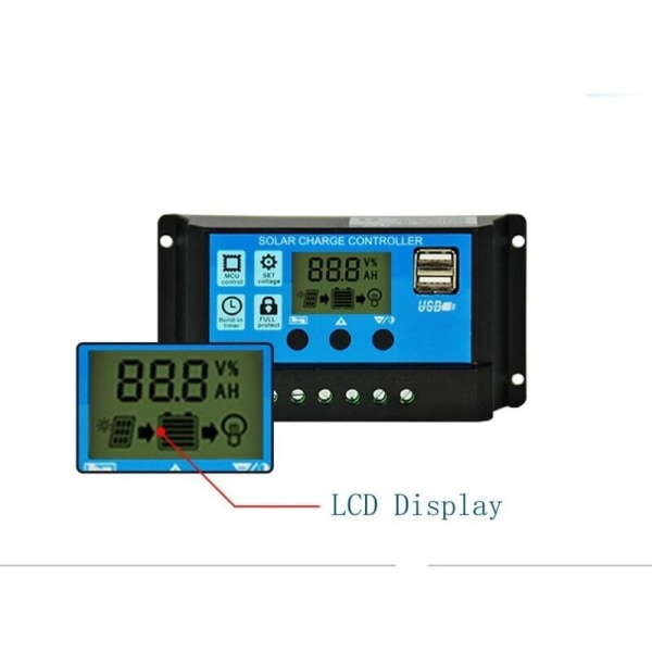 PWM solcellepanel ladekontroller, 12V/24V, 30A, LCD-skjerm, dobbel USB-port--