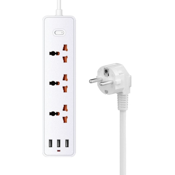 USB Strømbrett, med 3 stikkontakter + 3 USB-A-porter, USB skrivebordsstrømbrett med bryter 1,2 m kabel Beskyttelse mot overbelastning, beskyttelse