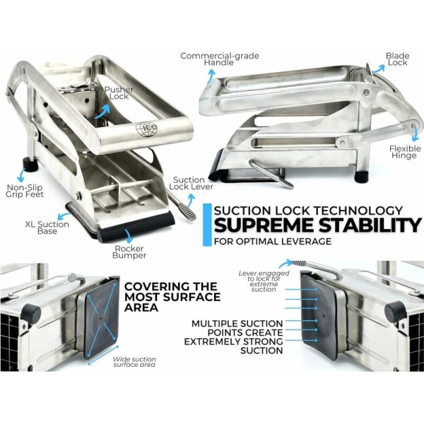 Pommes frites-skærer med udskiftelige skæreblad - til hjemmelavede engelske eller amerikanske pommes frites - fremstillet af rustfrit stål 304 af høj kvalitet -