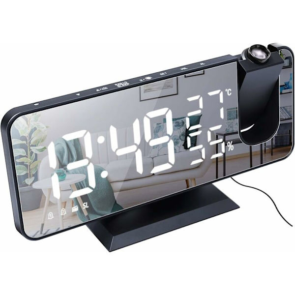 Projektionsväckarklocka för sovrum 7,4'' Stor LED-spegelskärm och 4-stegs dimmerväckarklocka med radio, 180° roterbar USB-laddning, 2 ljud, svart-vit